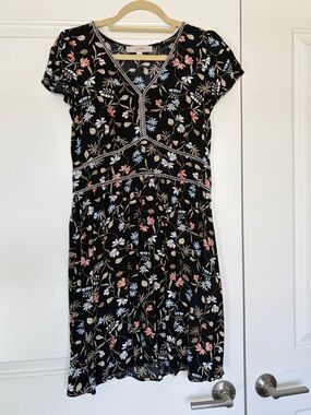 LOFT Black Floral V-Neck Midi Dress with Pink & Blue Accents